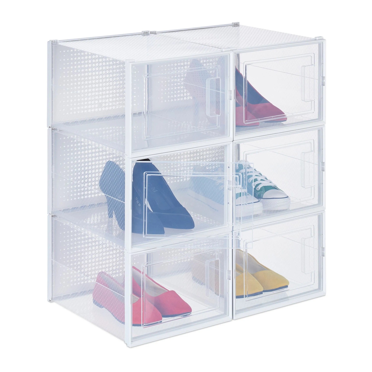 Relaxdays 6er Pack Schuhboxen Kunststoff Transparent Weiß Stapelbar mit Deckel 21 cm x 28 cm x 36 cm