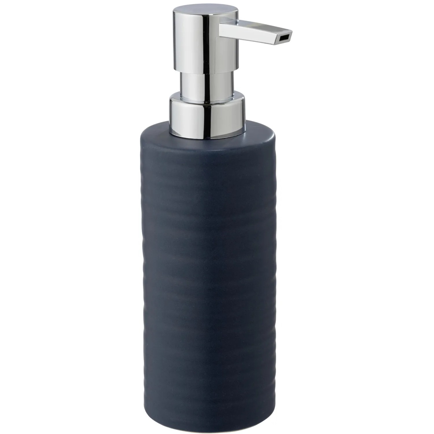 Blauer Wenko Seifenspender Mila aus Keramik mit Chrom-Pumpe.