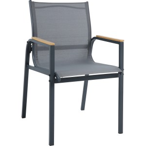 Stuhl der Esstischgruppe Kulina: Anthrazitfarbenes Stahlgestell mit Textilene-Bespannung und Polywood-Armlehnen.