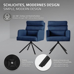 Dunkelblauer drehbarer Esszimmerstuhl mit Armlehnen, schwarzem Stahlgestell. 180° Drehfunktion, Bodenschoner, modernes Design.