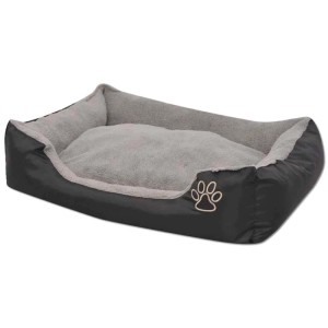 Schwarzes vidaXL Hundebett Größe L mit grauem Kissen und Pfoten-Applikation.