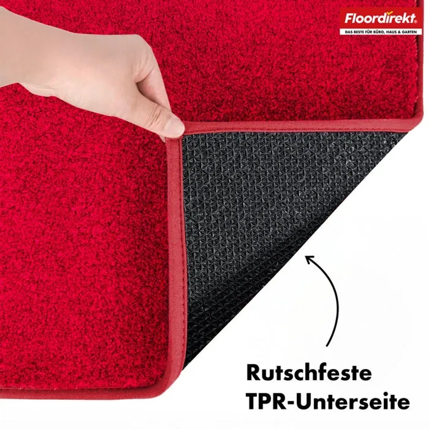 Rote Floordirekt Badematte Nasa mit verstärkten Kanten und rutschfester Unterseite.