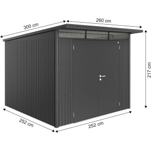 Biohort Metall-Gerätehaus AvantGarde A7, dunkelgrau-metallic, mit Doppeltür und Maßangaben.