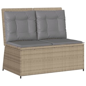 Verstellbare, beige furnicato Gartenbank aus Polyrattan mit grauen Kissen.