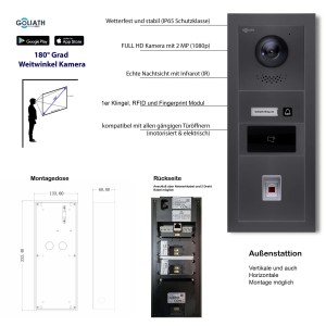 Goliath IP Video Türsprechanlage mit Fingerprint, RFID, HD Kamera, Nachtsicht, Farbe Anthrazit/Weiß.
