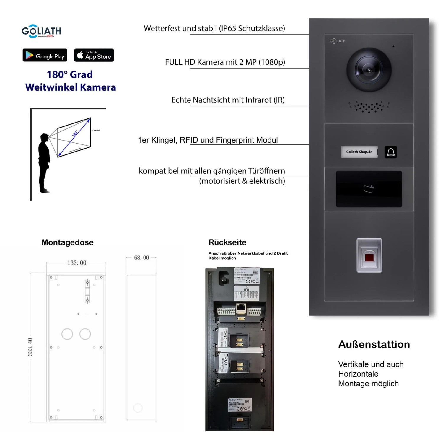 Goliath IP Video Türsprechanlage mit Fingerprint, RFID, HD Kamera, Nachtsicht, Farbe Anthrazit/Weiß.