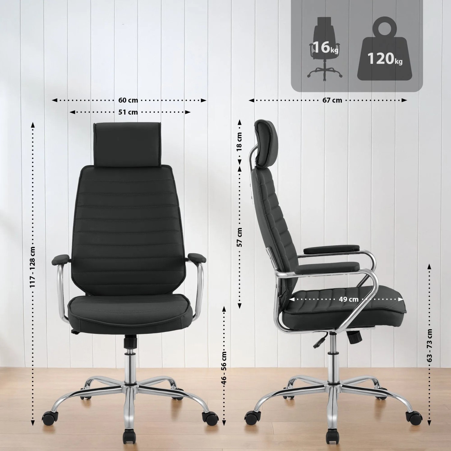 Ergonomischer, schwarzer DELUKE Bürostuhl FUGOR mit Rollen und verstellbarer Höhe, max. 125 kg.
