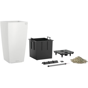 Lechuza Cubico Color 30, weißes Pflanzgefäß mit Bewässerungssystem und Zubehör.
