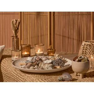Deko-Tablett Desert Flower, Ø 39,5 cm, Natur. Holztablett mit Deko-Elementen und Kerzen.