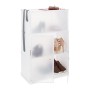 Weißer Kunststoff Schuhschrank mit 6 Fächern, transparenten Türen, eine offen, zeigt Schuhe. Modulares Stecksystem.