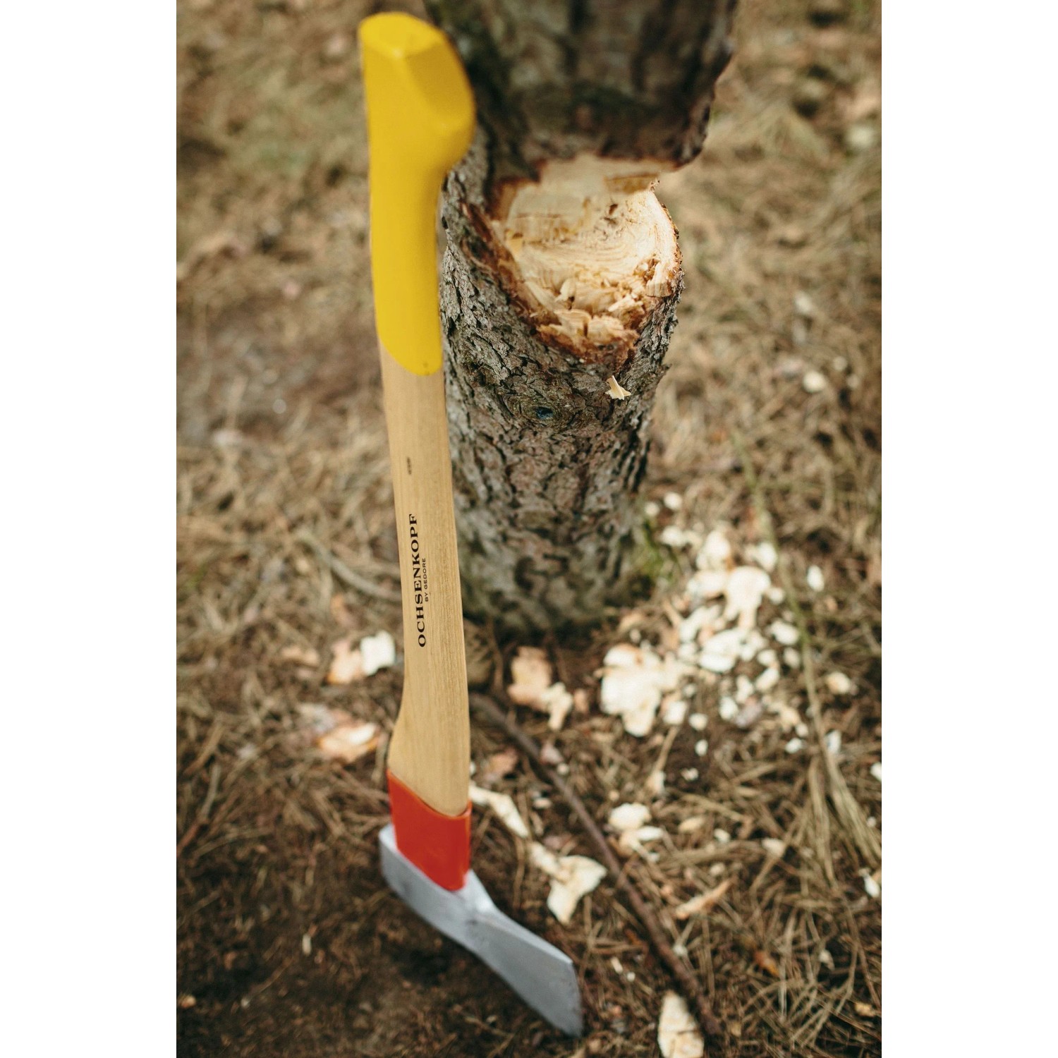 Ochsenkopf Forstaxt Universal Gold beim Holzspalten. Axt mit gelbem Griff und rotem Axtkopf.
