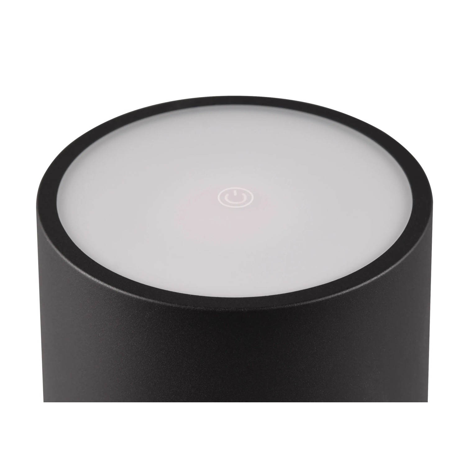 Nahaufnahme: Schwarze, matte LED-Tischleuchte Fernandez, Ø 10,5 cm, mit Touch-Schalter.