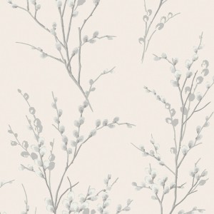 Laura Ashley Vliestapete Pussy Willow Steel mit Weidenkätzchen-Muster in Grau auf hellem Grund.