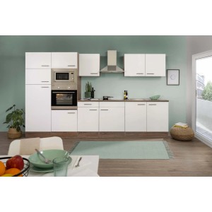 Respekta Küchenzeile 330 cm in Weiß Seidenglanz und Eiche York Dekor, ohne Elektrogeräte.