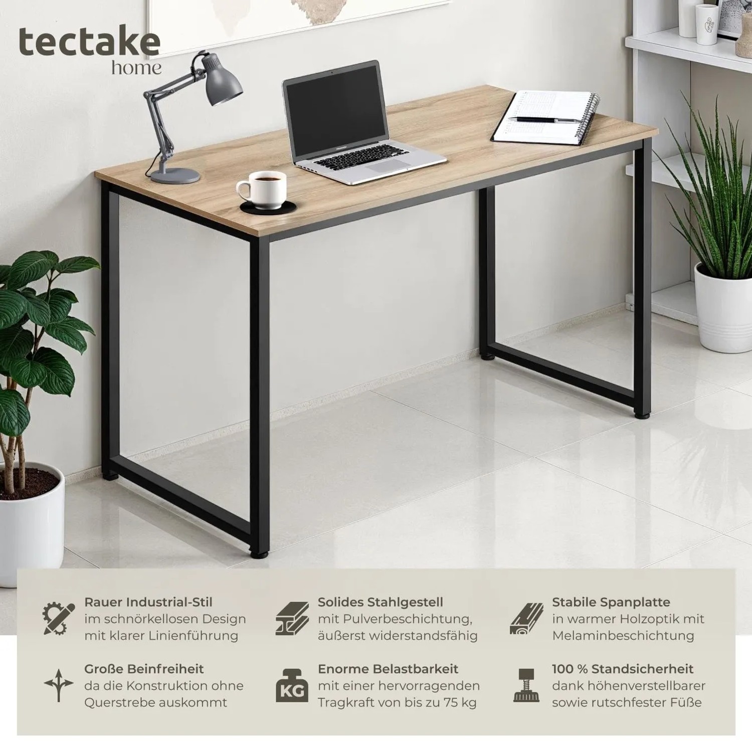 Tectake Schreibtisch Flint im Industrial Style mit Holzplatte in Eiche Sonoma und schwarzem Stahlgestell.