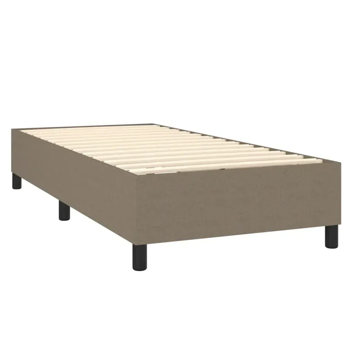 Boxspringbett in Taupe, Stoffbezug, 80x200 cm. Bett mit Lattenrost und schwarzen Füßen.