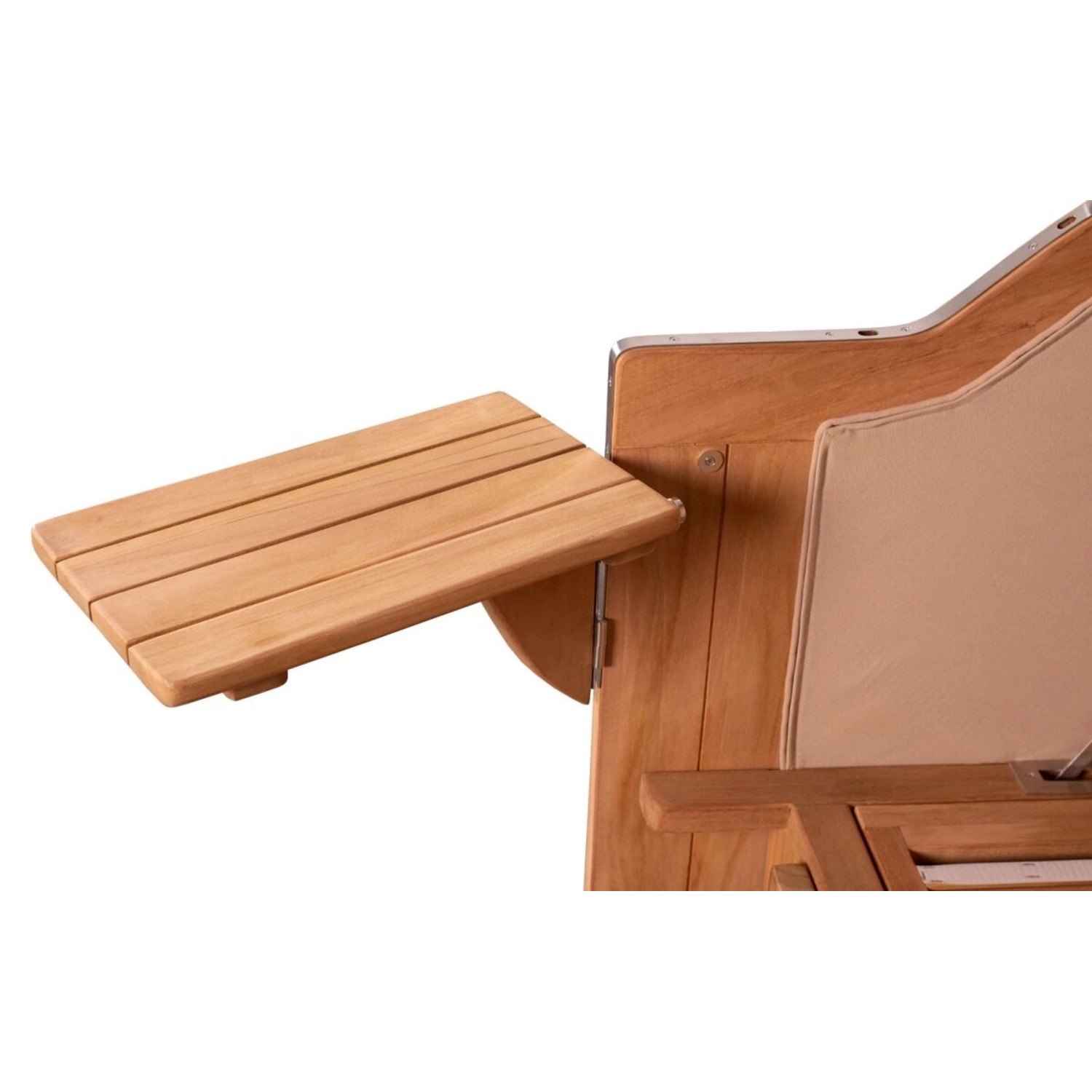 Detailaufnahme: Ausklappbarer Teak-Tisch am Strandkorb Ammersee Grande XL.
