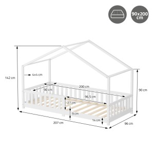 ML-Design Hausbett 90x200 cm, weißes Kiefernholz mit Rausfallschutz, Maße