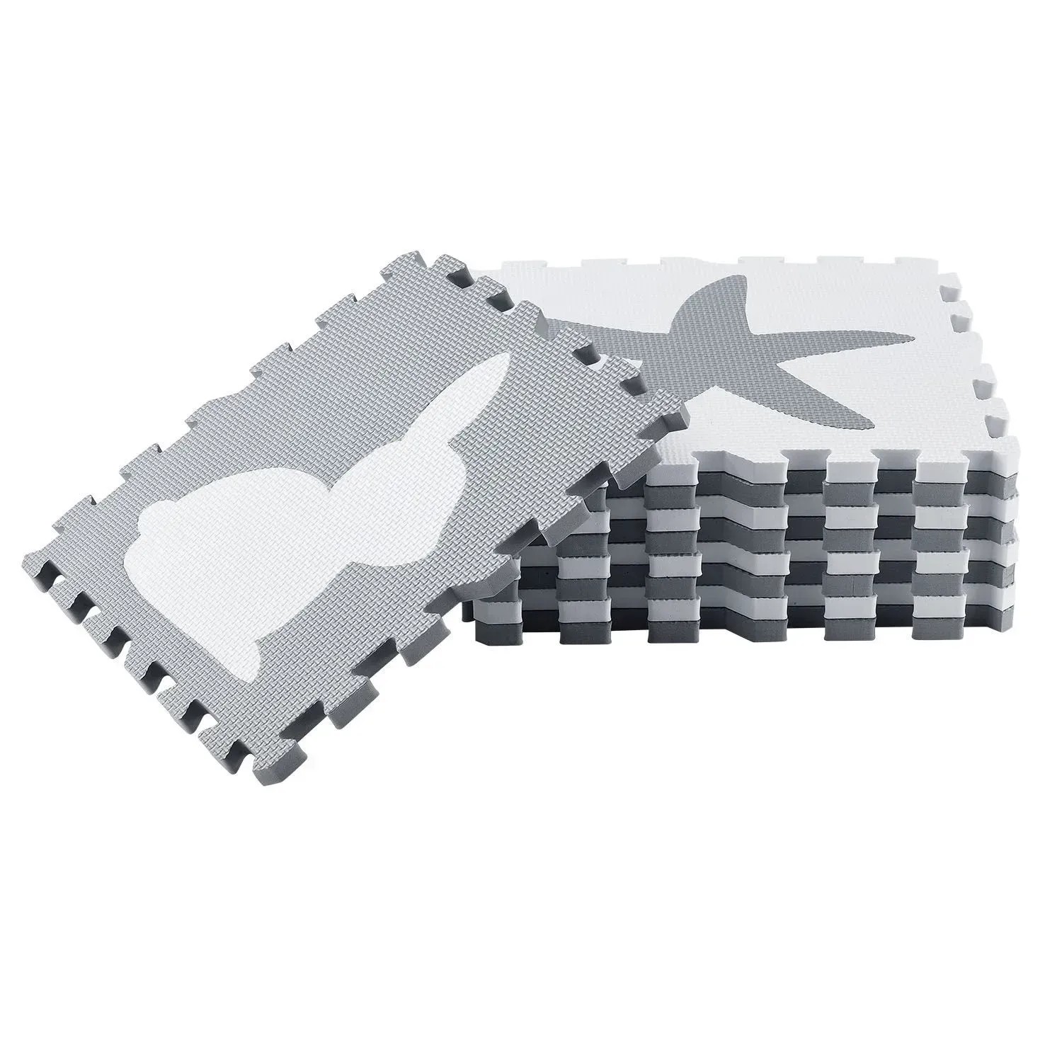 Juskys Kinder Puzzlematte Timon, 36-teilig, grau/weiß mit Tiermotiven, aus EVA-Schaumstoff.
