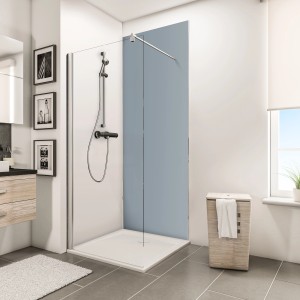 Eck-Duschwand Set DecoDesign Hellgrau von Schulte im Badezimmer mit Dusche und Waschbecken.
