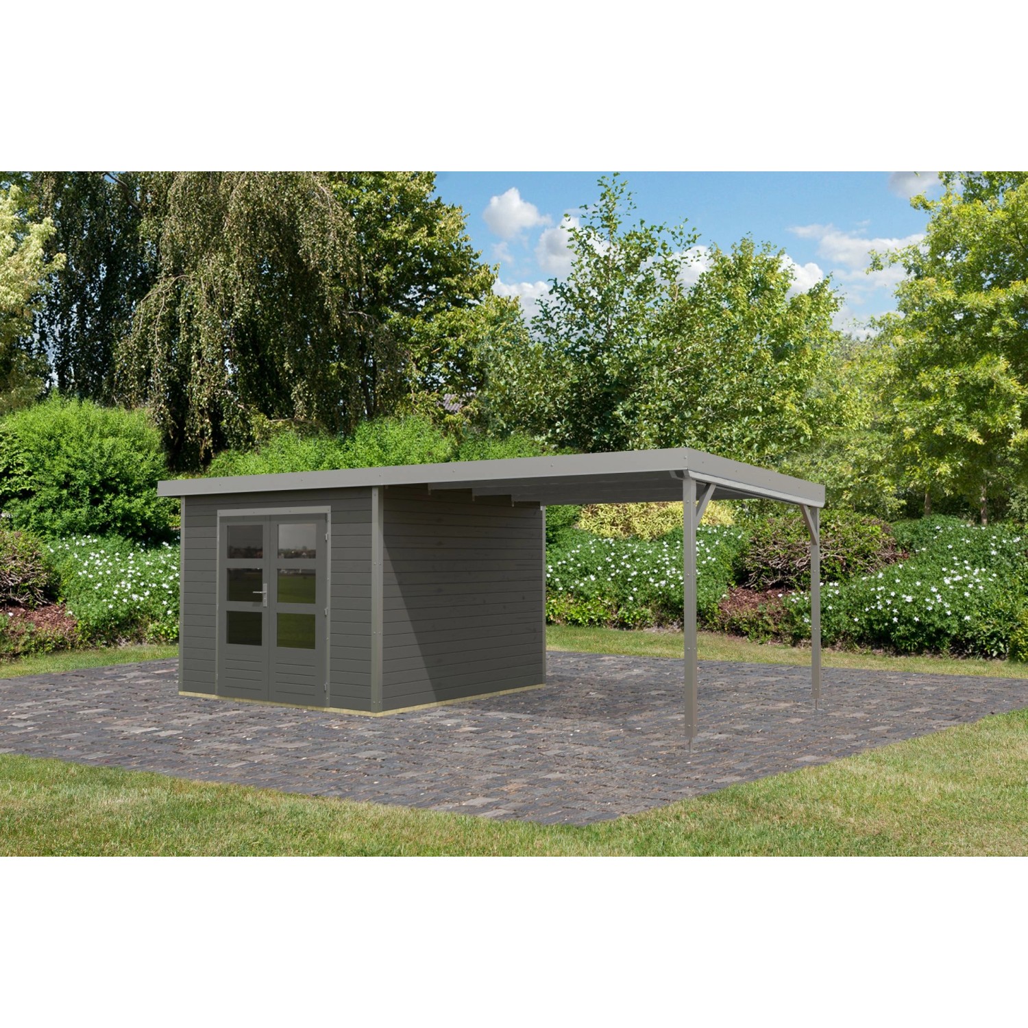 Karibu Gartenhaus Domingo B m. Anbaudach Terragrau/Grau 218,5 x 270 x 270 c günstig online kaufen