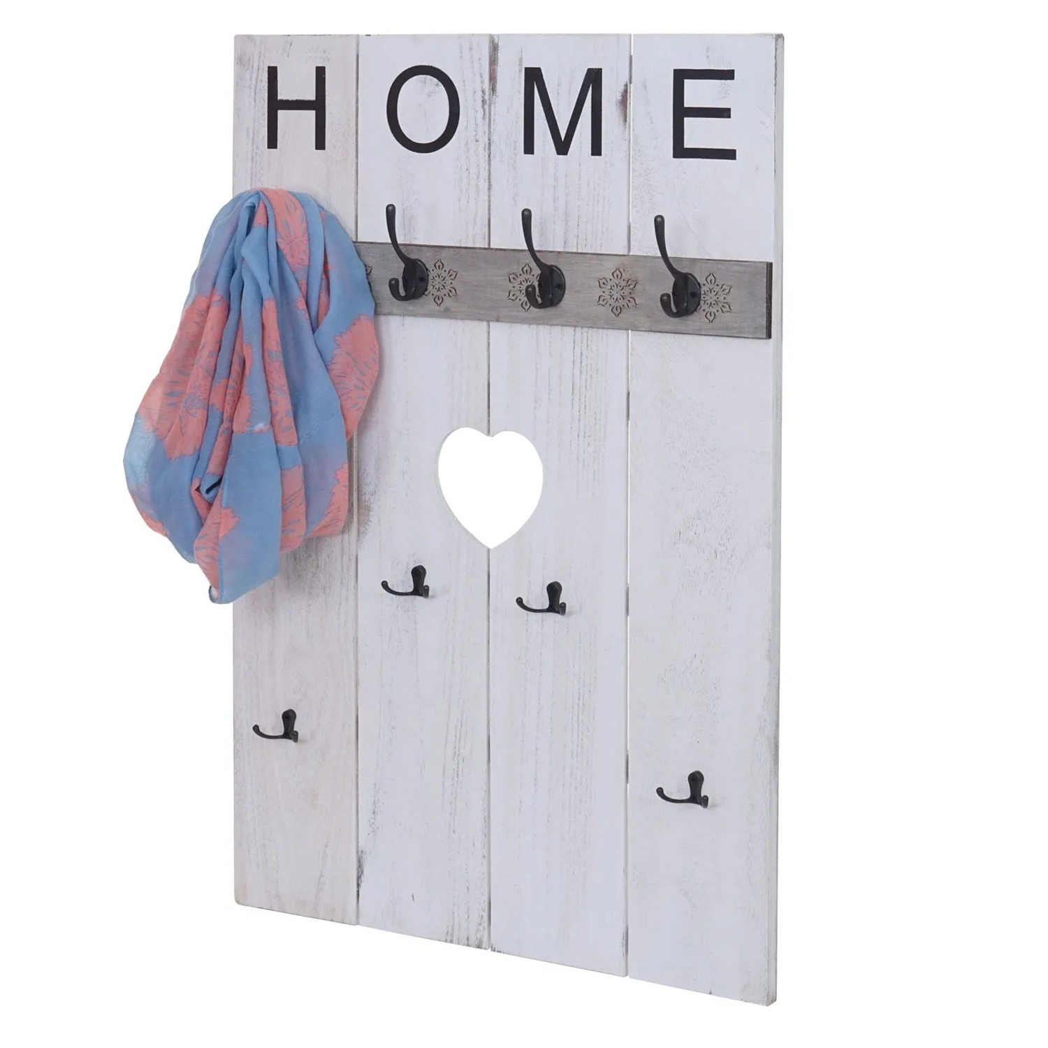 Weiße MCW Wandgarderobe im Shabby-Look mit 8 Haken und Herz-Ausschnitt.
