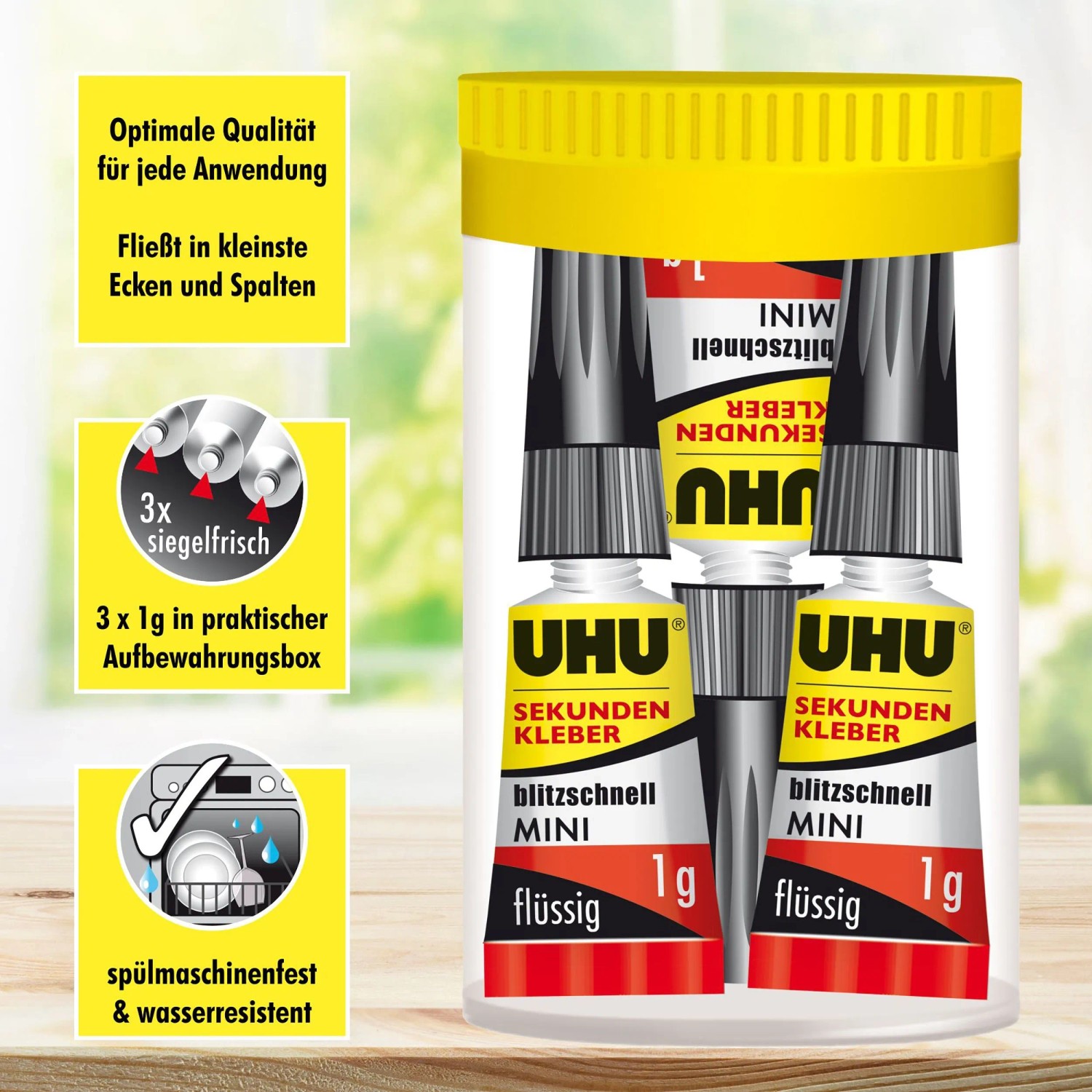 Uhu Sekundenkleber Mini 3x1g im Set mit Aufbewahrungsbox. Flüssiger Kleber für viele Materialien.