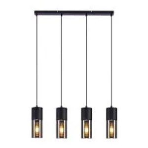 Schwarze 4-flammige Esstisch-Pendelleuchte im Industrial-Design mit höhenverstellbaren zylindrischen Glasschirmen und E27-Fassung.