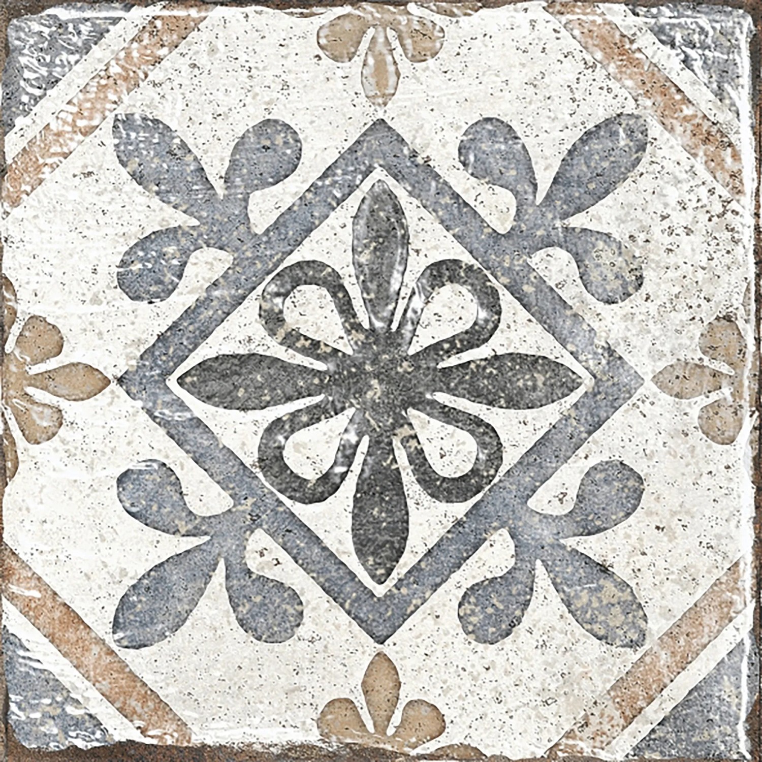 Dekorative, matte Bodenfliese aus Feinsteinzeug, 20x20 cm, mit floralem Muster in Grau- und Beigetönen.