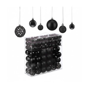 Schwarze Weihnachtskugeln aus Kunststoff, 150er Set. Matte, glänzende und glitzernde Christbaumkugeln in Aufbewahrungsbox.