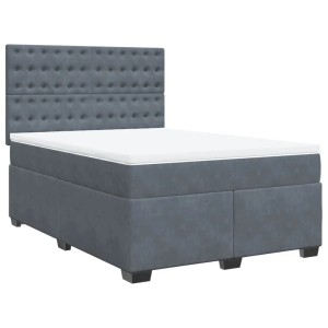 Dunkelgraues Boxspringbett mit Matratze und Samtbezug, 160x200 cm.