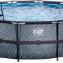 Grauer EXIT Stone Pool ø 488 cm mit Leiter und Filterpumpe. Stahlrahmenpool mit Steinmuster.