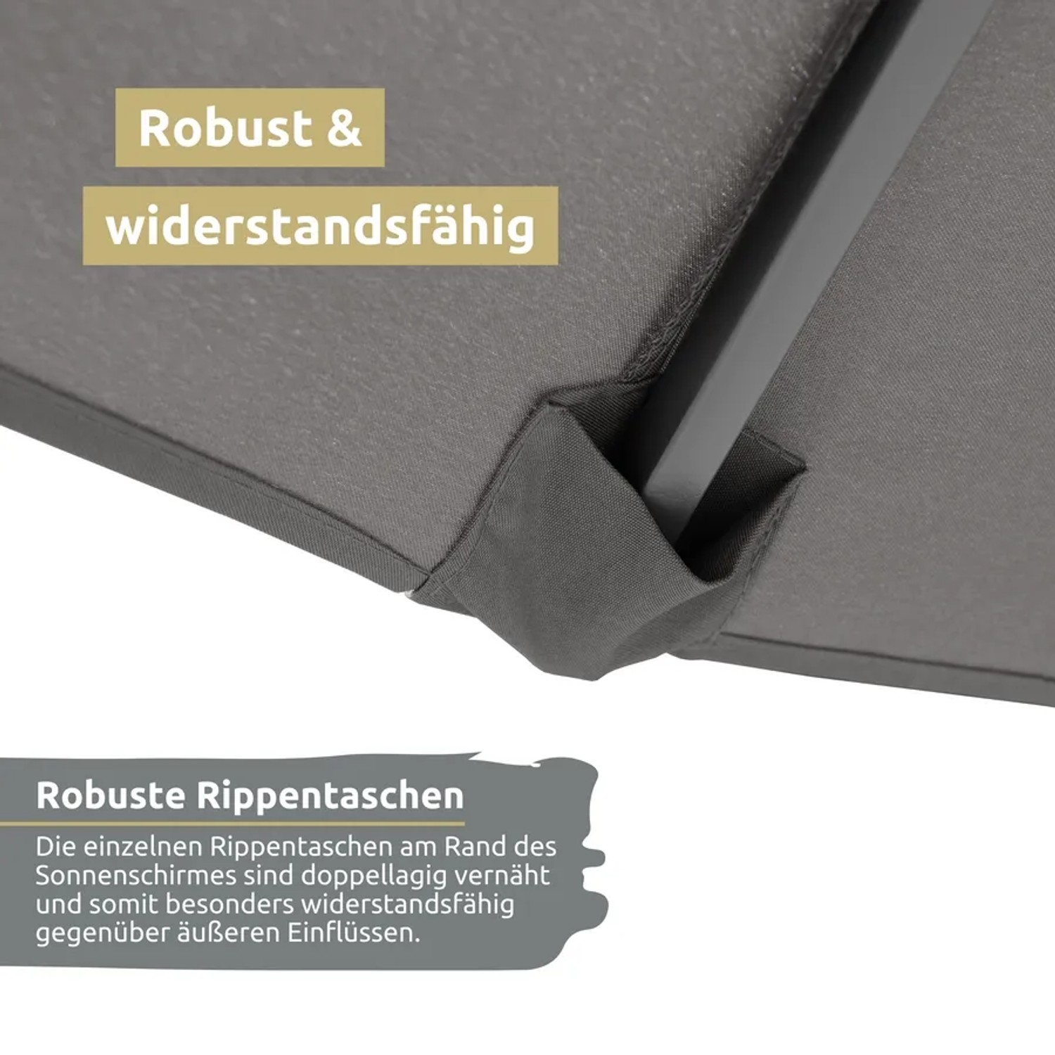 Detailaufnahme: Robuste Rippentaschen des anthrazitfarbenen deluxe4home Ampelschirms.