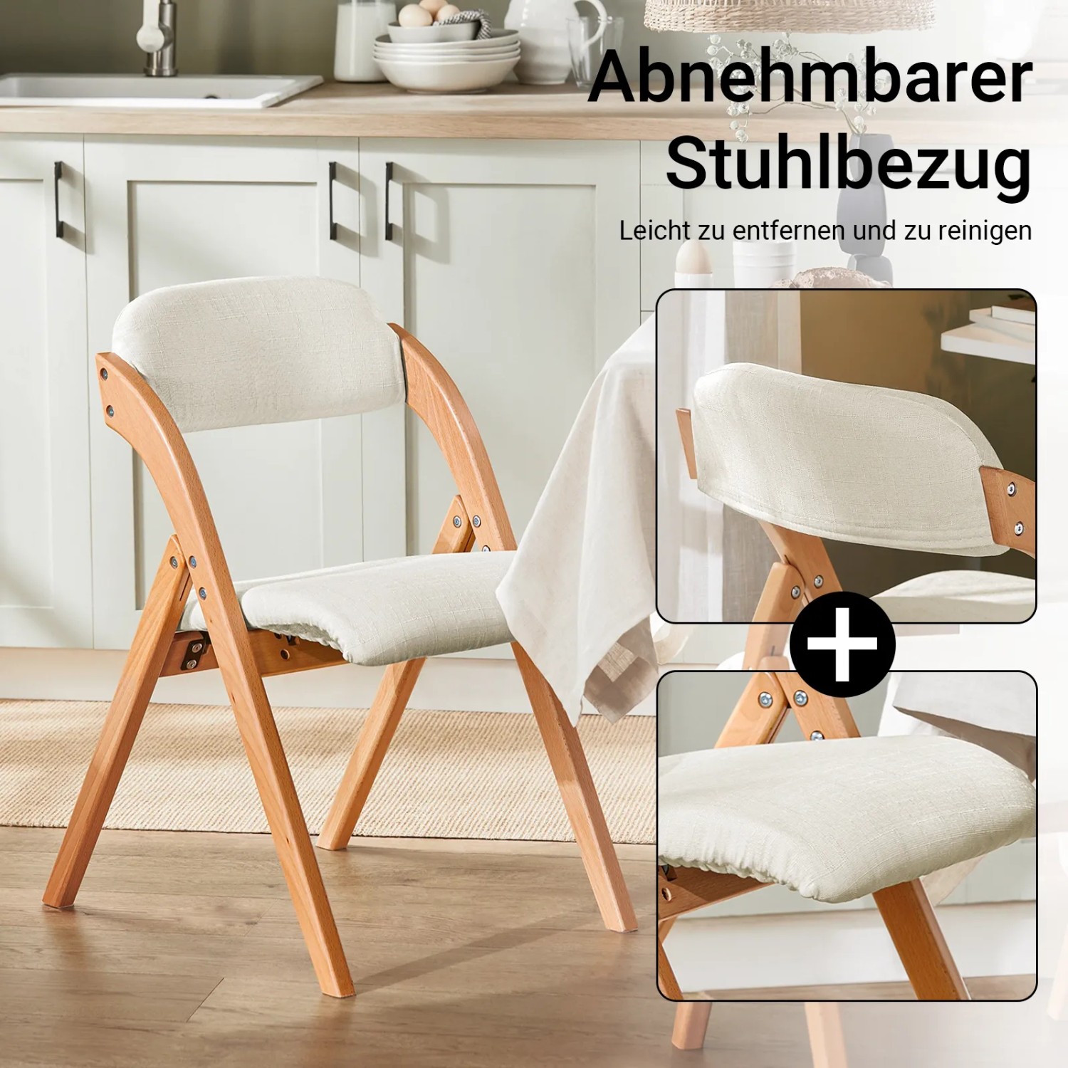 2er Set: Klappstuhl, Esszimmerstuhl mit Holzgestell und weißer Polsterung.