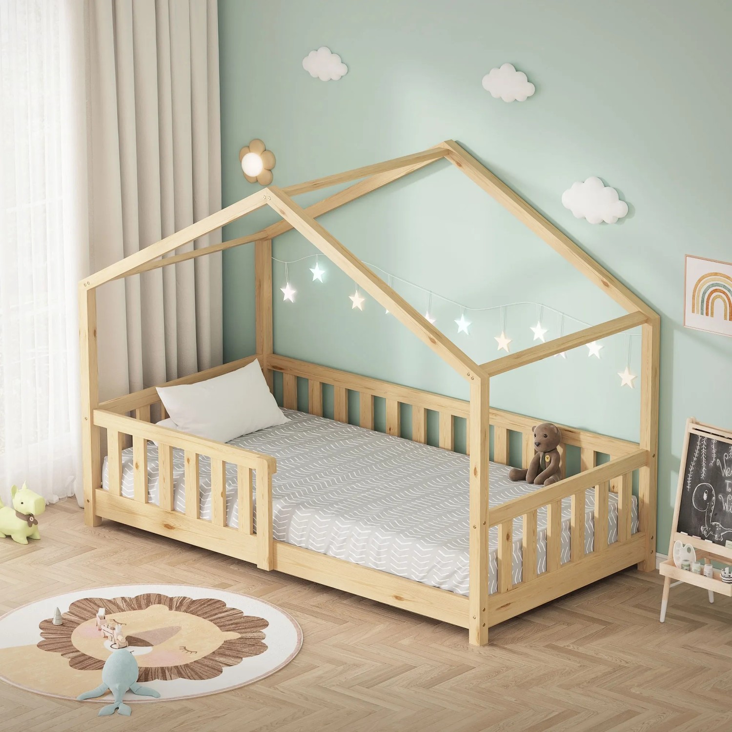 ML-Design Hausbett 80x160 cm aus Kiefernholz, naturfarben, mit Rausfallschutz. Kinderbett im skandinavischen Design.