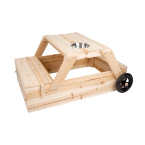 small foot Sandkasten aus hellem Holz mit integrierter Sitzgruppe, Matschtisch und Rädern, kompakt.
