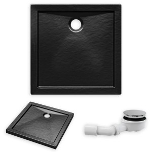 KOLMAN Duschwanne 90x90 cm, quadratisch, schwarz, Steinoptik. Set mit Ablauf, rutschhemmend.