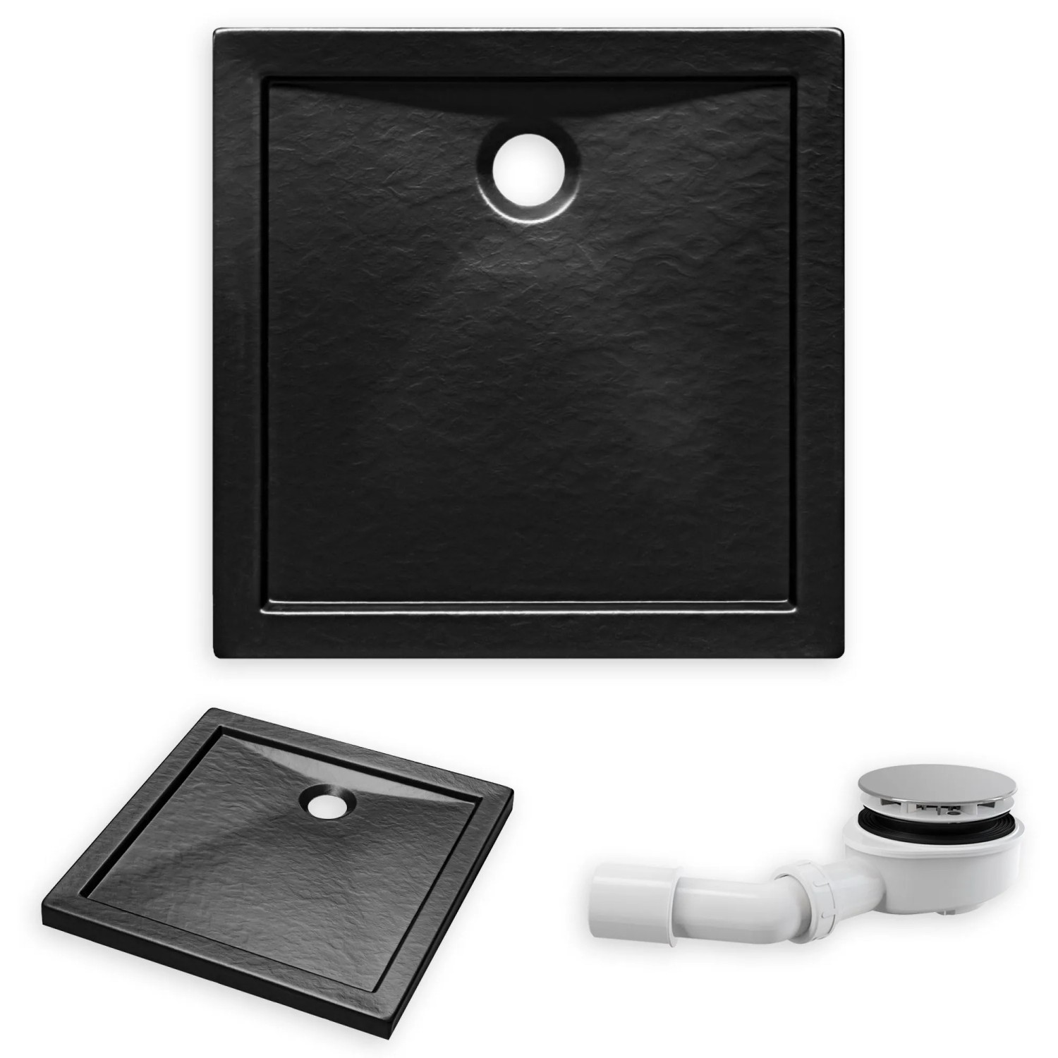 KOLMAN DUSCHWANNE Quadratisch Schwarz Steinoptik 90x90 cm Set mit Ablaufgarnitur
