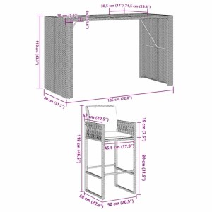 vidaXL 5-tlg. Gartenbar-Set mit Bar und 4 Hockern aus schwarzem Poly Rattan mit Kissen und Akazienholz, Maße eingezeichnet.