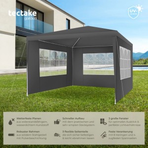 Grauer Tectake Pavillon Barinas 3x3 m mit abnehmbaren Seitenteilen im Garten.