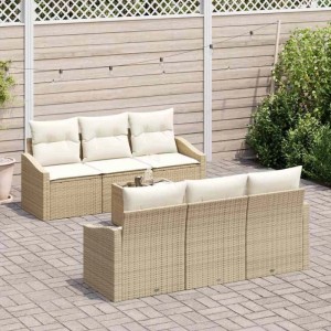 Beiges vidaXL Sofa Set, 7-teilig, aus Poly-Rattan mit Kissen. Lounge-Gartenmöbel für Terrasse und Garten.