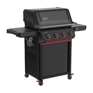 Schwarzer Weber Gasgrill Spirit EPX-435R Stealth mit 4 Brennern, Seitenbrenner und digitalem Thermometer.