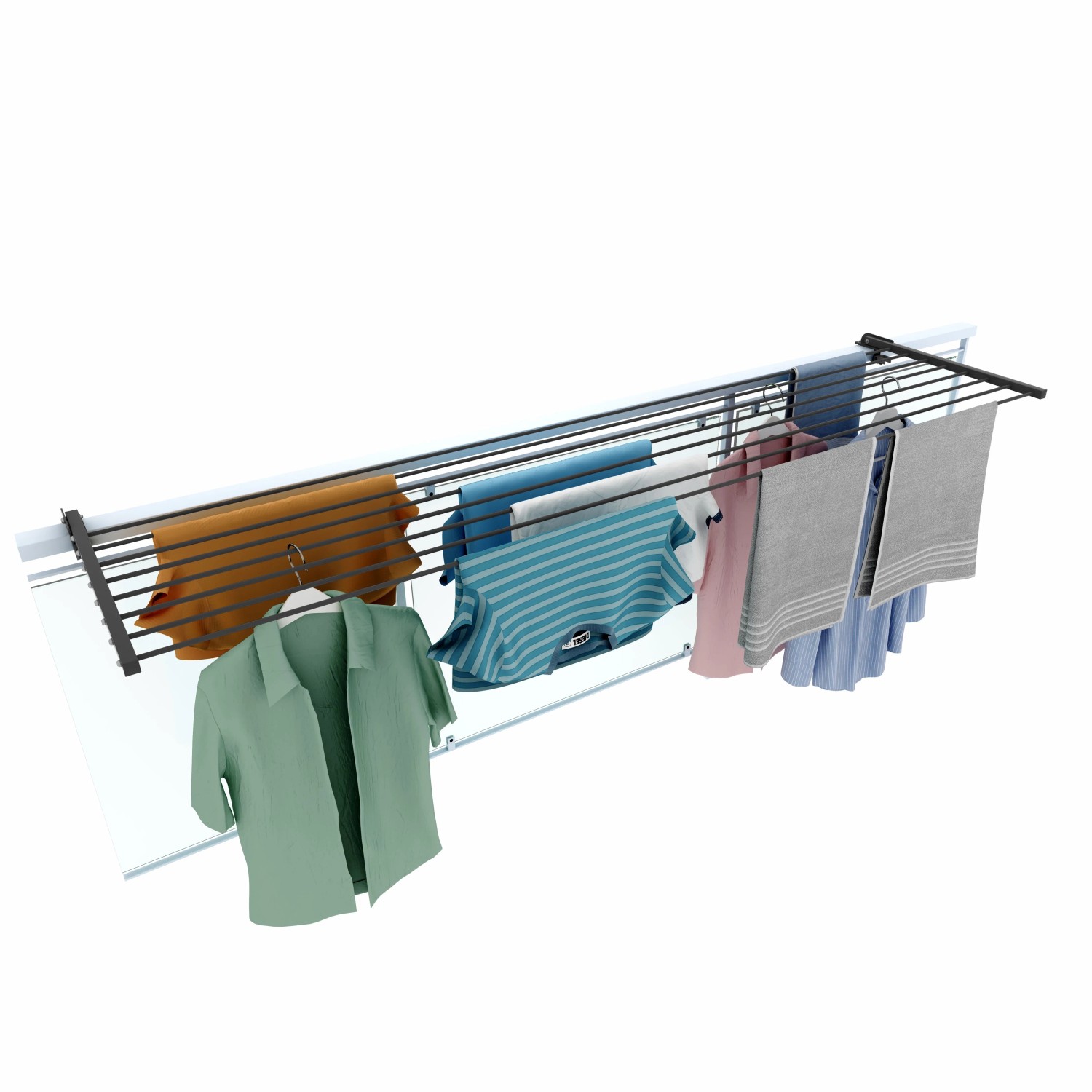 Foxydry Wäscheständer für Balkongeländer, beidseitig klappbar, 202 cm, grau mit Wäsche.