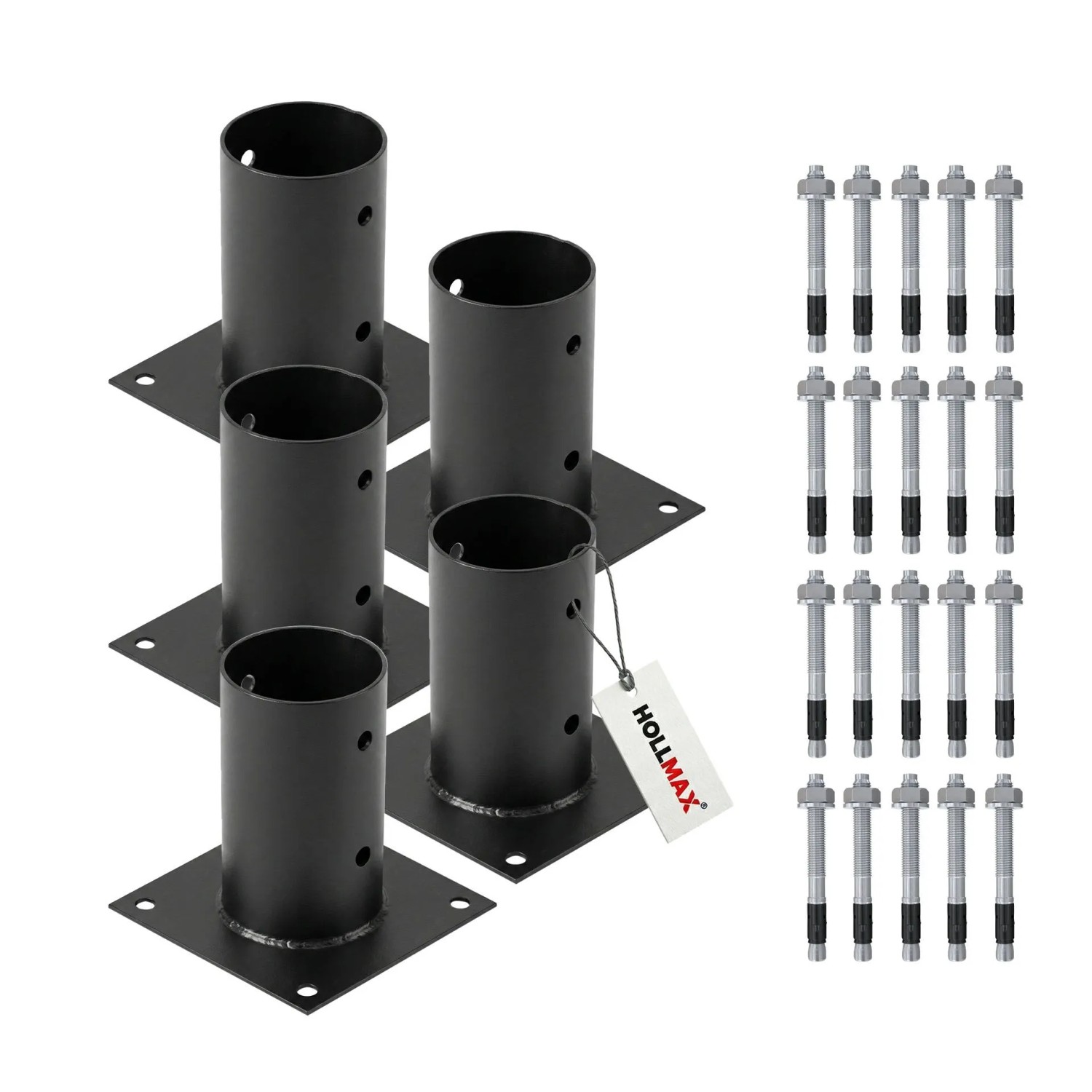 HOLLMAX 5 Stk. Aufschraubhülse/Pfostenträger 80 mm inkl. Schwerlastanker 10 x 100 mm Pulverbeschichtet Schwarz für Rundholzpfosten