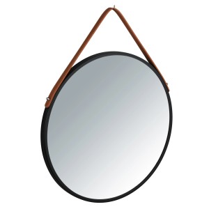 Runder Wandspiegel Borrone von Wenko, Ø 40 cm, schwarz-brauner Rahmen mit Kunstleder-Aufhängung.