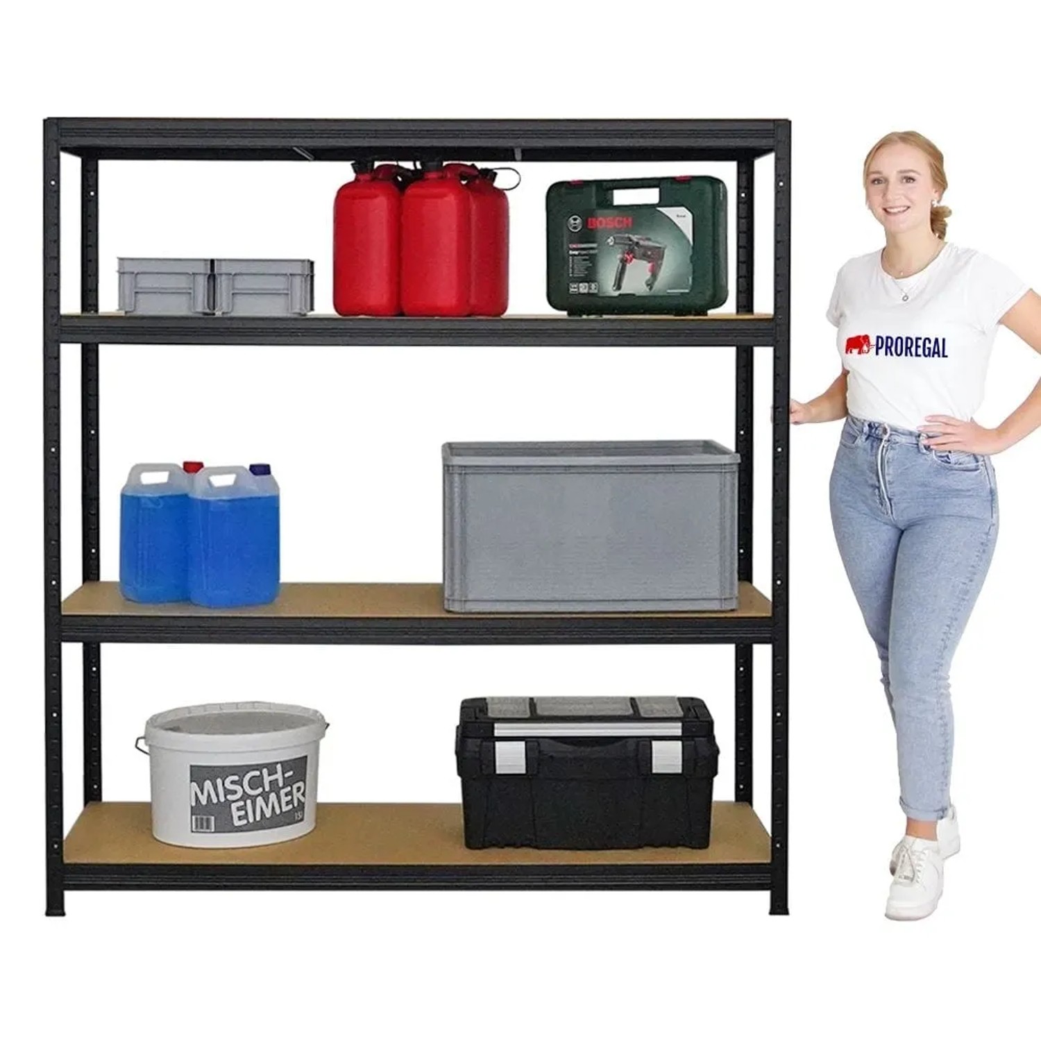 Schwarzes PROREGAL Schwerlastregal Giant Elephant mit fünf Böden und diversen Gegenständen.