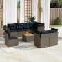 Graue 9-teilige vidaXL Garten-Sofagarnitur aus Polyrattan mit blauen Kissen und Tisch.