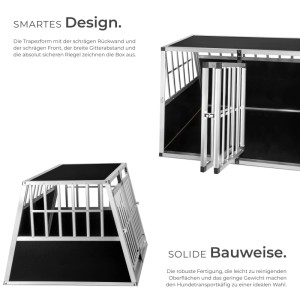 Schwarze Tectake Doppel-Hundetransportbox aus Aluminium mit schräger Rückwand.