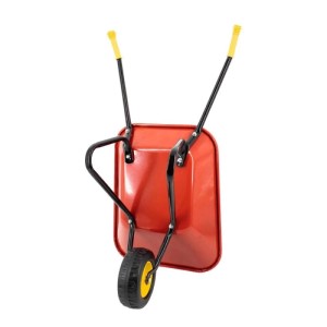 Rote Galaflor Kinderschubkarre aus Metall mit gelben Griffen und schwarzem Rad. Ideal für Kinder-Gartenarbeiten.