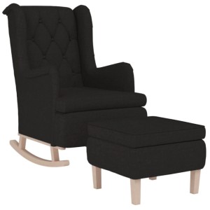 Schwarzer Schaukelsessel mit Hocker, Stoffbezug, Knopfheftung, Holzgestell. Entspannung pur im Loungesessel.